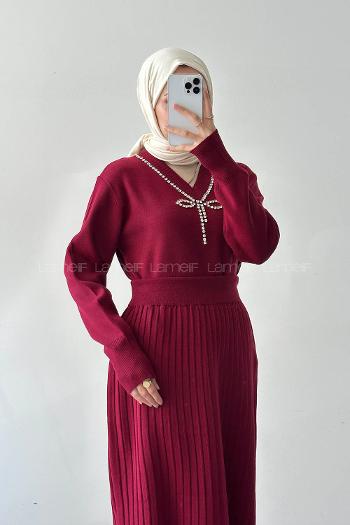 Lamelif Taş Detaylı Etekli İkili Takım Bordo