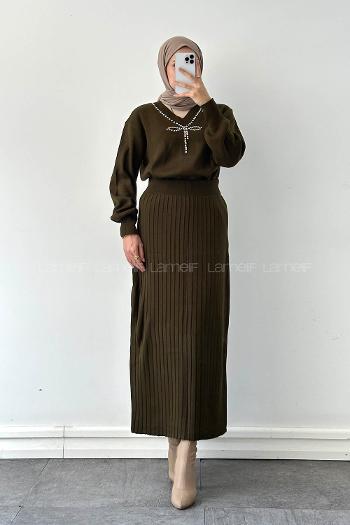 Lamelif Taş Detaylı Etekli İkili Takım Haki