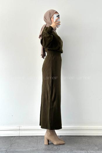 Lamelif Taş Detaylı Etekli İkili Takım Haki