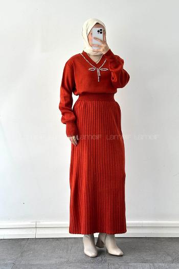 Lamelif Taş Detaylı Etekli İkili Takım Kiremit