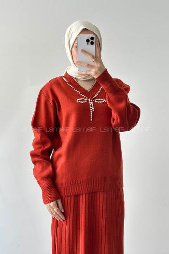 Lamelif Taş Detaylı Etekli İkili Takım Kiremit