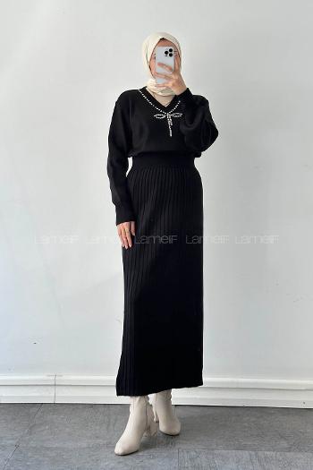 Lamelif Taş Detaylı Etekli İkili Takım Siyah