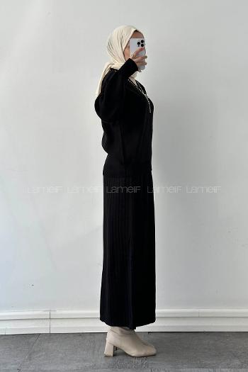 Lamelif Taş Detaylı Etekli İkili Takım Siyah