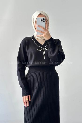 Lamelif Taş Detaylı Etekli İkili Takım Siyah