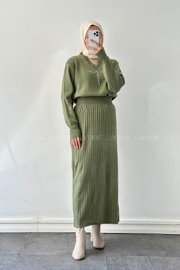 Lamelif Taş Detaylı Etekli İkili Takım Yeşil