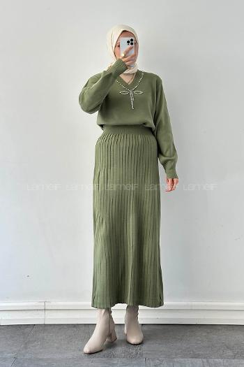 Lamelif Taş Detaylı Etekli İkili Takım Yeşil