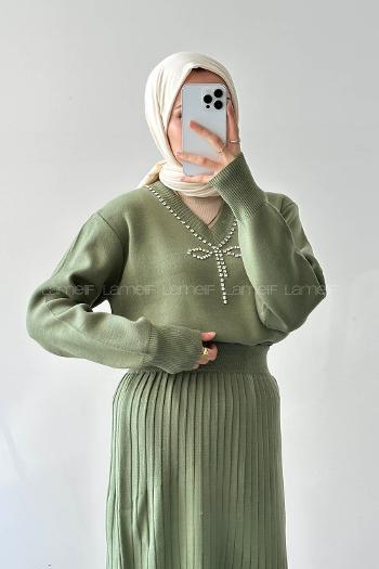 Lamelif Taş Detaylı Etekli İkili Takım Yeşil