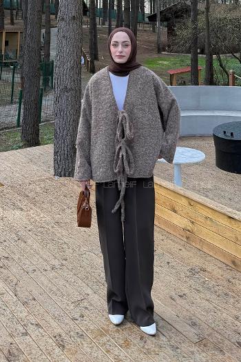 Lamelif Bağlamalı Kaşe Mont Kahverengi