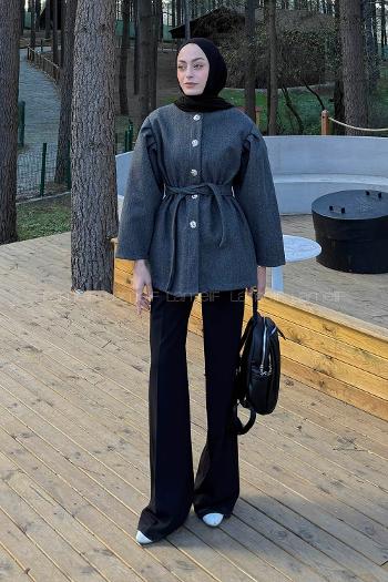 Lamelif Bel Lastikli Bağlama Detaylı Ceket Antrasit
