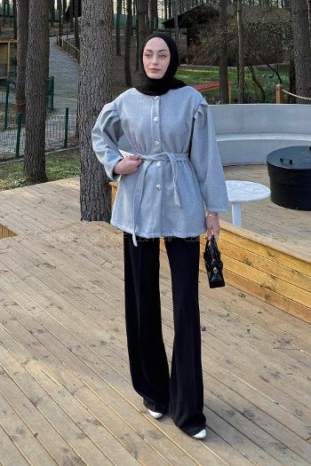 Lamelif Bel Lastikli Bağlama Detaylı Ceket Gri