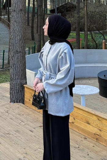 Lamelif Bel Lastikli Bağlama Detaylı Ceket Gri