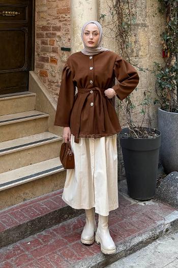 Lamelif Bel Lastikli Bağlama Detaylı Ceket Taba