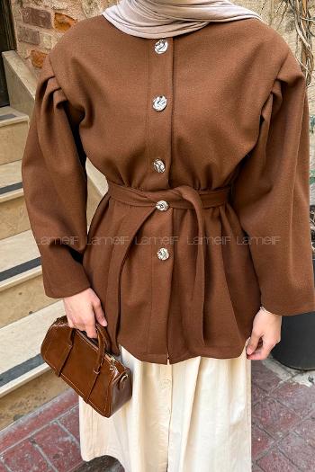 Lamelif Bel Lastikli Bağlama Detaylı Ceket Taba