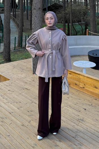 Lamelif Bel Lastikli Bağlama Detaylı Ceket Vizon