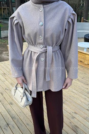 Lamelif Bel Lastikli Bağlama Detaylı Ceket Vizon