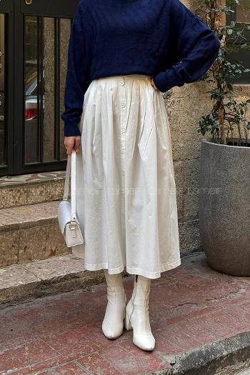 Lamelif Düğme Detaylı Pileli Etek Ekru