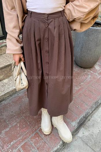 Lamelif Düğme Detaylı Pileli Etek Kahve