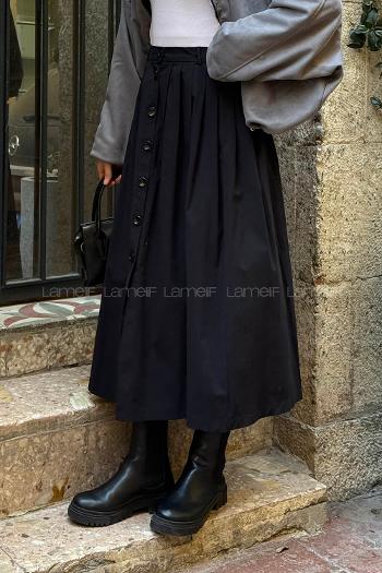 Lamelif Düğme Detaylı Pileli Etek Siyah