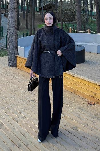 Lamelif Düğmeli Kemerli Panço Siyah