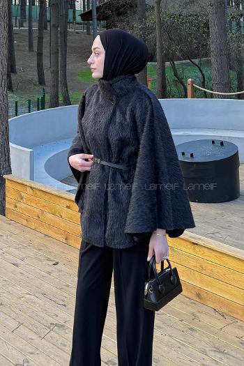 Lamelif Düğmeli Kemerli Panço Siyah