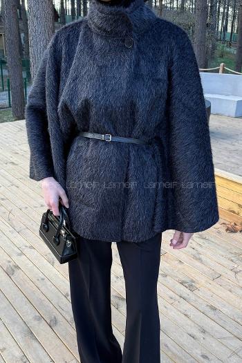 Lamelif Düğmeli Kemerli Panço Siyah