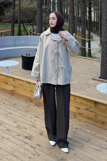 Lamelif Fiyonk Detaylı Trençkot Haki