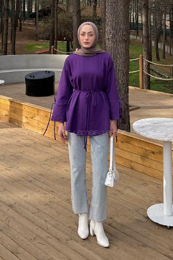 Lamelif Kol Biyeli Sweat Mor