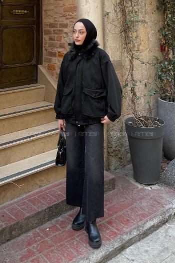 Lamelif Kürk Yaka Cepli Mont Siyah