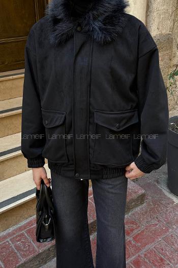 Lamelif Kürk Yaka Cepli Mont Siyah