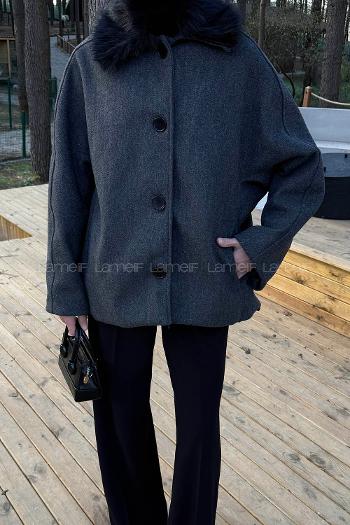 Lamelif Kürk Yakalı Kaban Antrasit