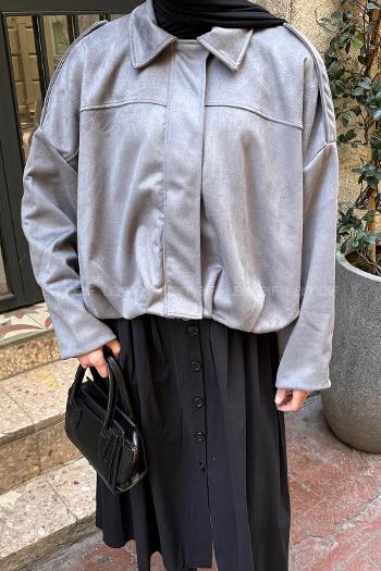 Lamelif Omuz Apoletli Süet Ceket Gri