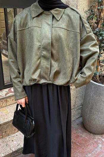 Khaki Shirt Collar Long Arm Suede Jacket