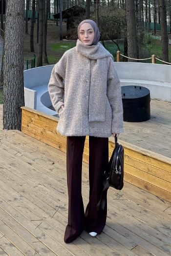 Lamelif Sakal Kumaş Atkılı Kaban Sütlü Kahve