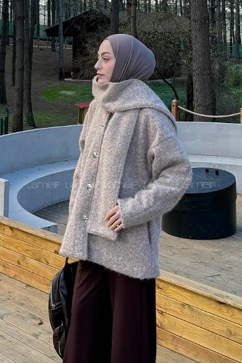 Lamelif Sakal Kumaş Atkılı Kaban Sütlü Kahve
