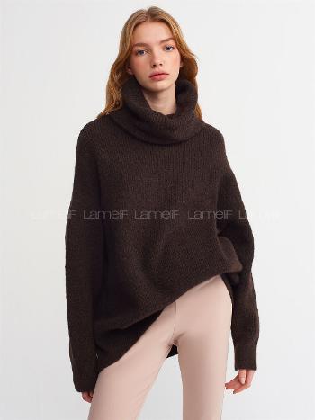 Lamelif Dilvin Balıkçı Yaka Oversize Kazak-Acı Kahve