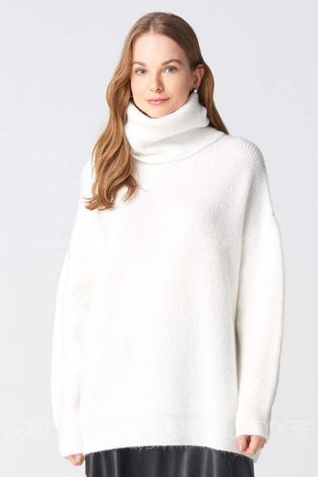 Lamelif Dilvin Balıkçı Yaka Oversize Kazak-Beyaz