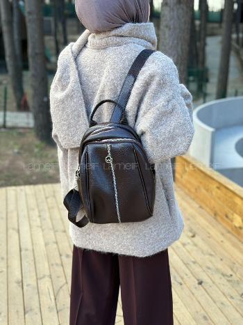 Lamelif Gümüş Fermuarlı Suni Deri Sırt Çantası