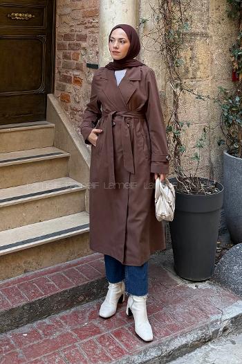 Lamelif Apoletli Klasik Kuşaklı Trençko Kahverengi