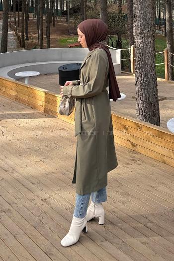 Lamelif Apoletli Klasik Kuşaklı Trençkot Haki