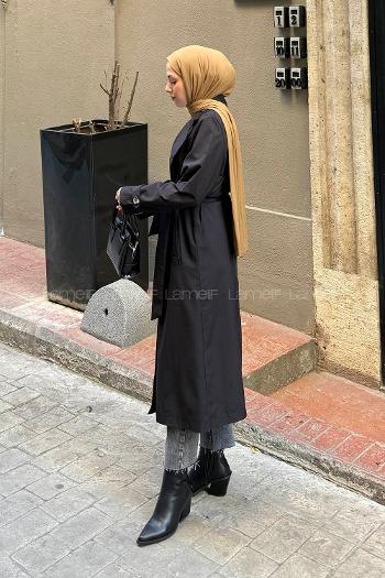 Lamelif Apoletli Klasik Kuşaklı Trençkot Siyah