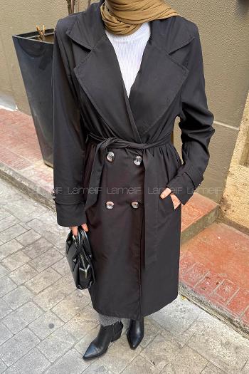 Lamelif Apoletli Klasik Kuşaklı Trençkot Siyah