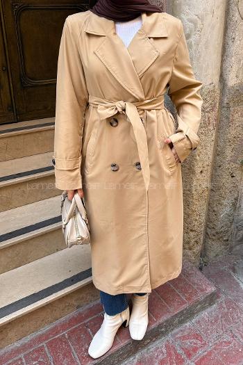 Lamelif Apoletli Klasik Kuşaklı Trençkot Sütlü Kahve