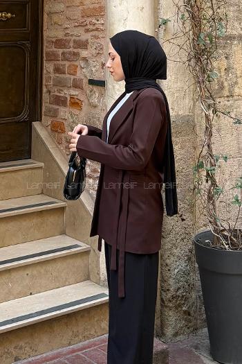 Lamelif Bağlama Detaylı Ceket Acı Kahve