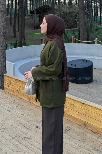 Khaki Crew Neck Long Arm Cotton Fabric Coat