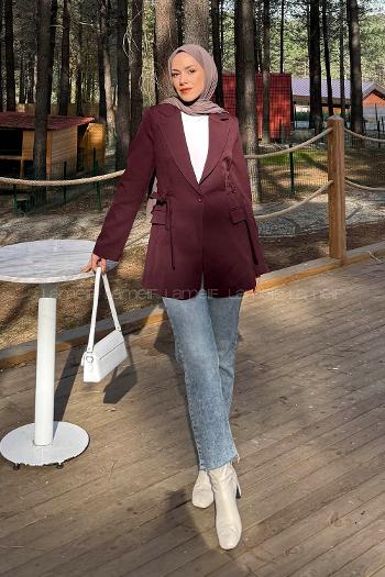 Lamelif Çift Kuşaklı Ceket Bordo