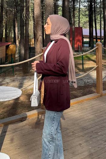 Lamelif Çift Kuşaklı Ceket Bordo