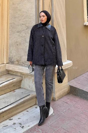 Lamelif Deri Yaka Mont Siyah