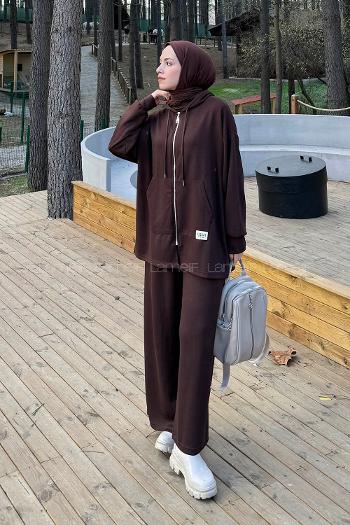 Lamelif Fermuarlı Kapüşonlu Oysho Takım Acı Kahve