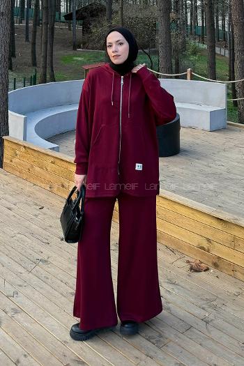 Lamelif Fermuarlı Kapüşonlu Oysho Takım Bordo