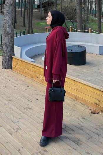 Lamelif Fermuarlı Kapüşonlu Oysho Takım Bordo